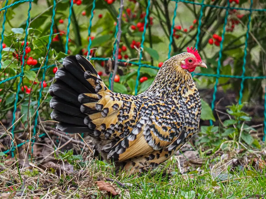 Ilustrasi mimpi ayam belanda — a chicken standing in the grass next to a fence