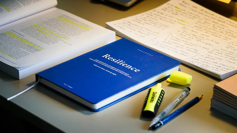 Ilustrasi mimpi gagal ujian — Blue book titled resilience with study materials and pens.