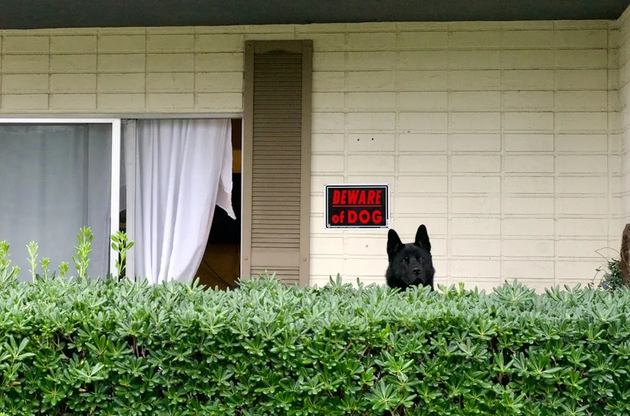 Ilustrasi mimpi hansip — Black dog behind hedge with beware of dog sign