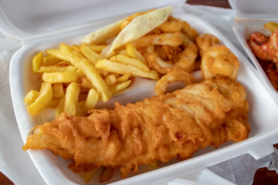 Ilustrasi mimpi ikan goreng — cooked meat and French fries in white disposable plate