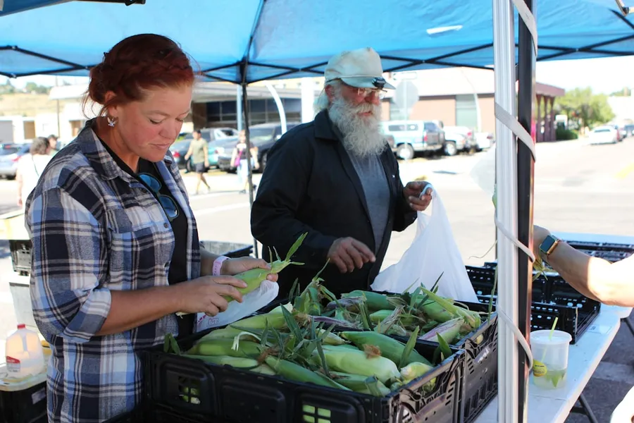Ilustrasi mimpi jual jagung — a man and a woman at a farmers market