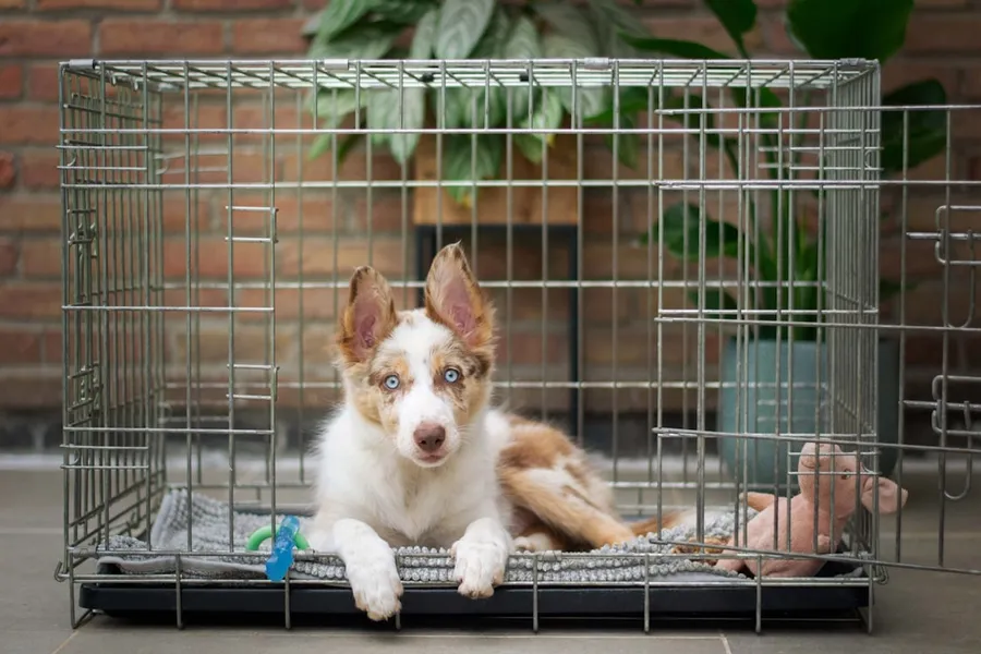 Ilustrasi mimpi kandang anjing — a brown and white dog inside of a cage