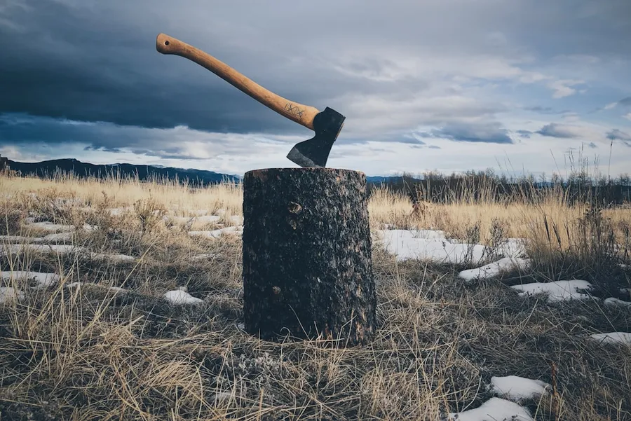 Ilustrasi mimpi kapak — brown handled axe on log