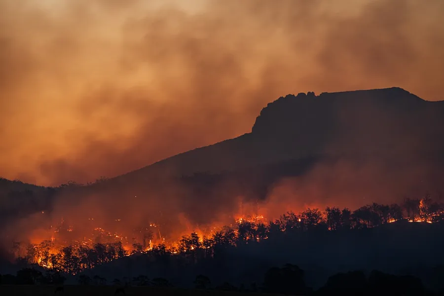 Ilustrasi mimpi kebakaran hutan — wildfire burning across hillside at dusk