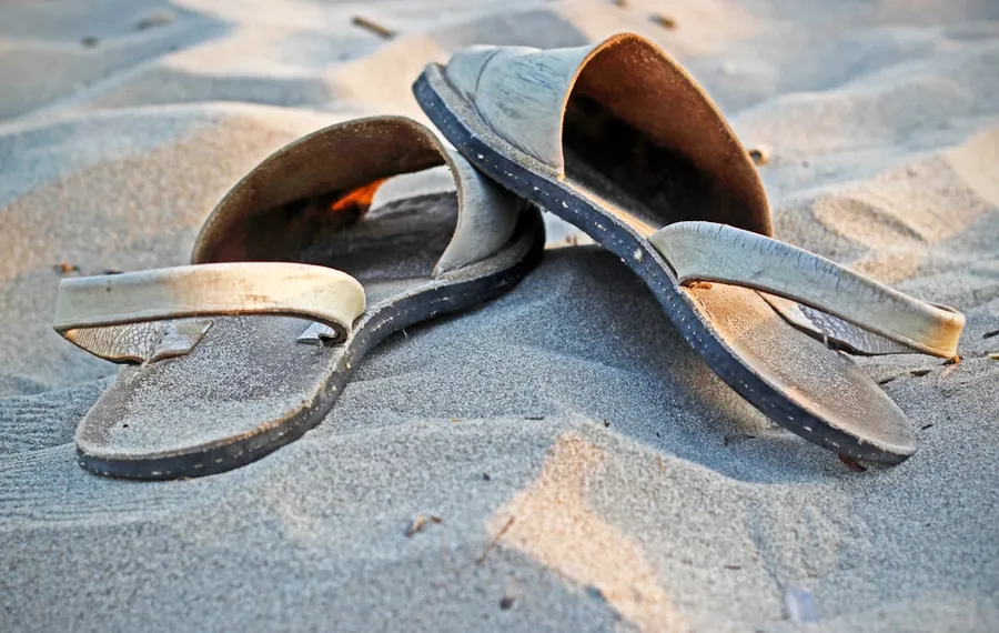 Ilustrasi mimpi kehilangan sandal — pair of beige sandals on sand