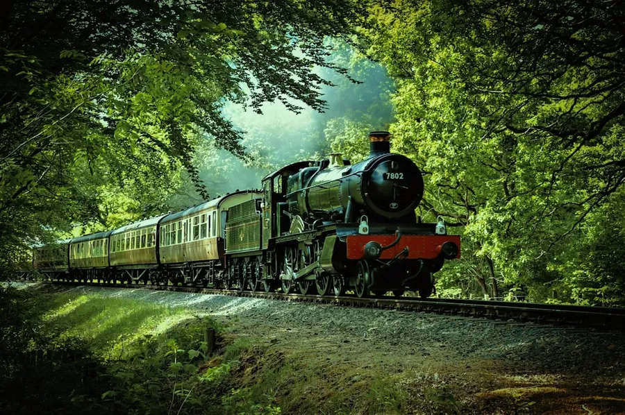 Ilustrasi mimpi kereta — black and red train passing through forest