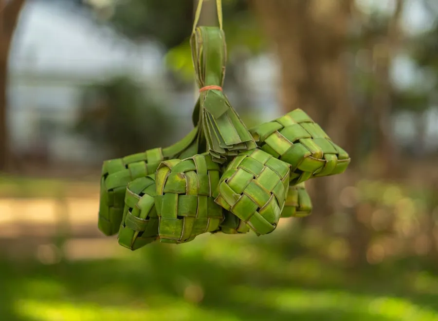 Ilustrasi mimpi ketupat — Green woven palm leaf pouches hanging outdoors.