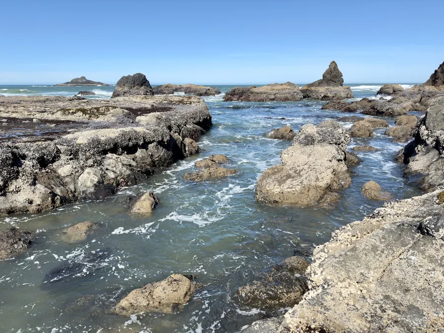 Ilustrasi mimpi laut surut — a body of water surrounded by rocks and water