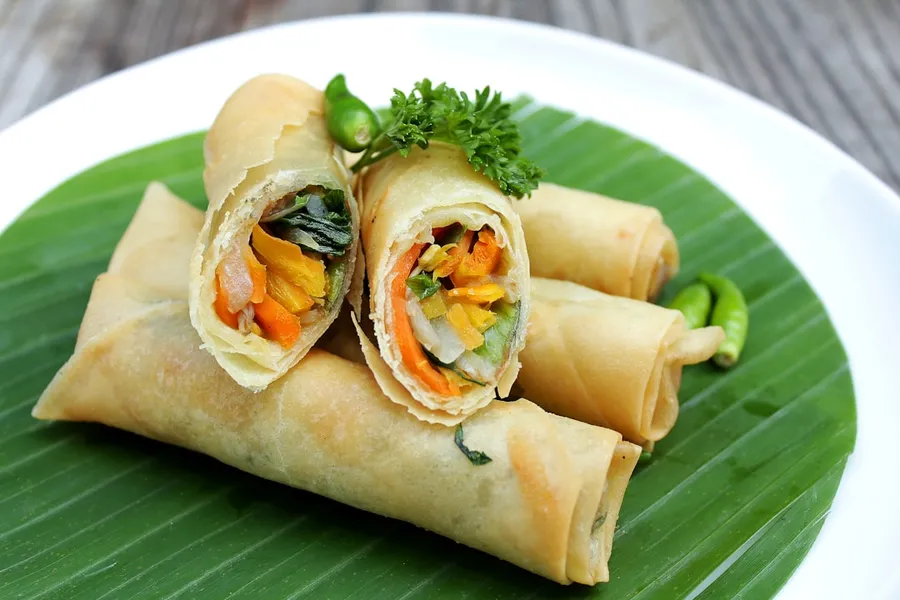 Ilustrasi mimpi lumpia — a plate that has some food on it