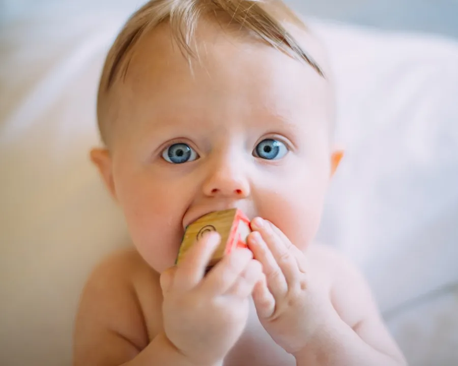 Ilustrasi mimpi makanan bayi — selective focus photography of baby holding wooden cube
