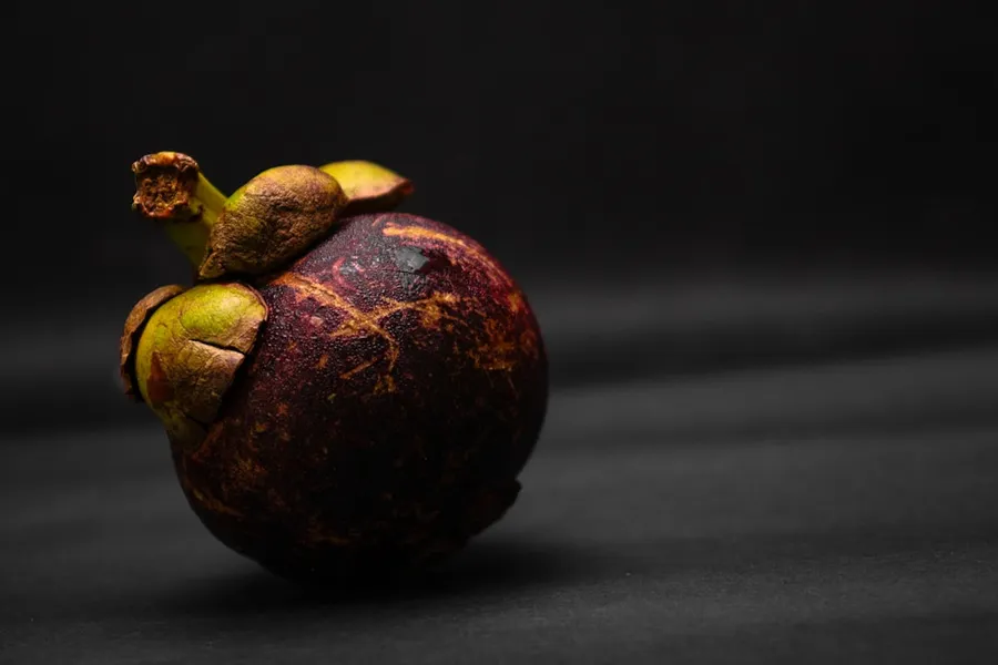 Ilustrasi mimpi manggis — a close up of a fruit on a black background