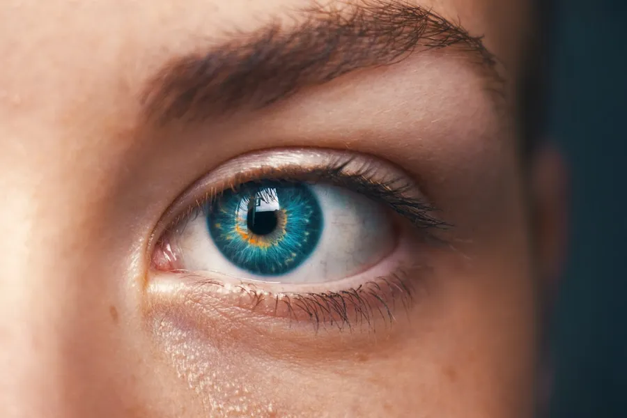 Ilustrasi mimpi mata bengkak — selective focus of blue-eyed person