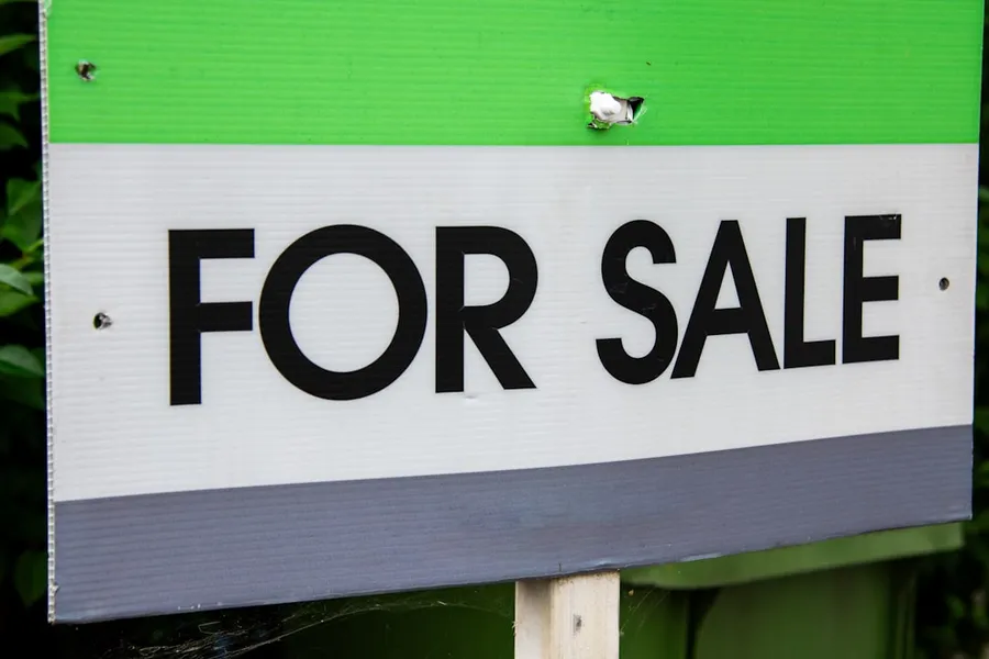 Ilustrasi mimpi menjual tanah — A green and white for sale sign with a bird perched on it