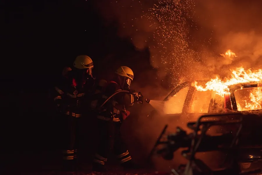 Ilustrasi mimpi pemadaman api — 2 men in black helmet standing near fire