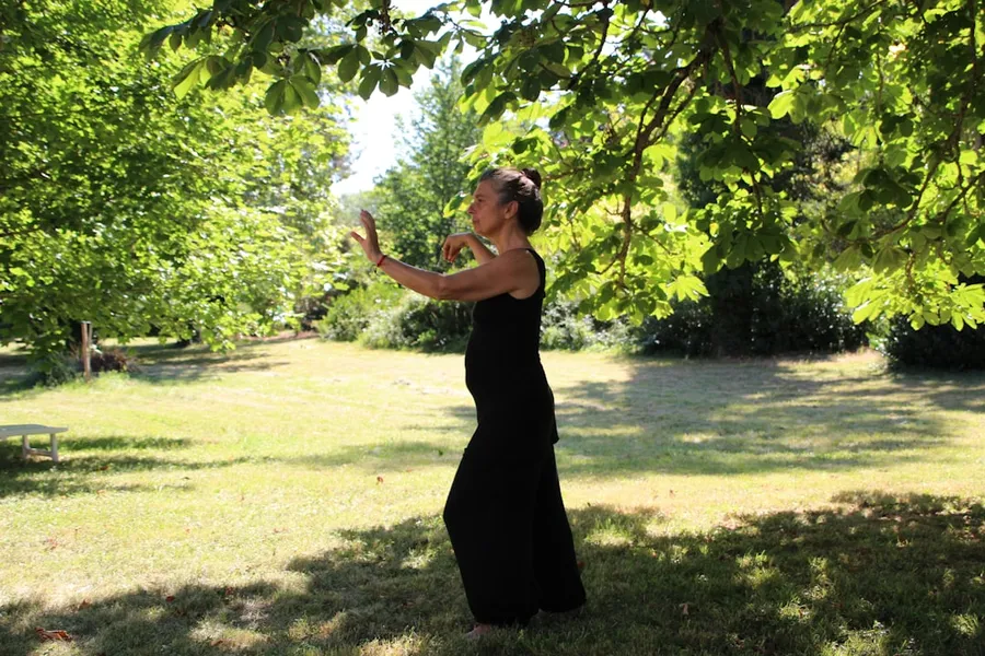 Ilustrasi mimpi pendekar wanita — woman in black sleeveless dress standing on green grass field during daytime