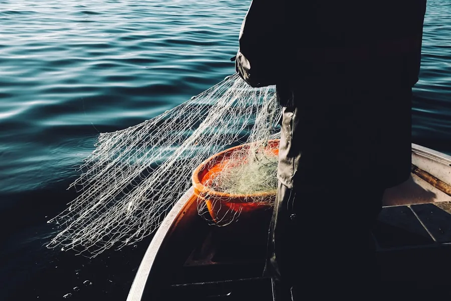 Ilustrasi mimpi pukat ikan — man holding a fishnet