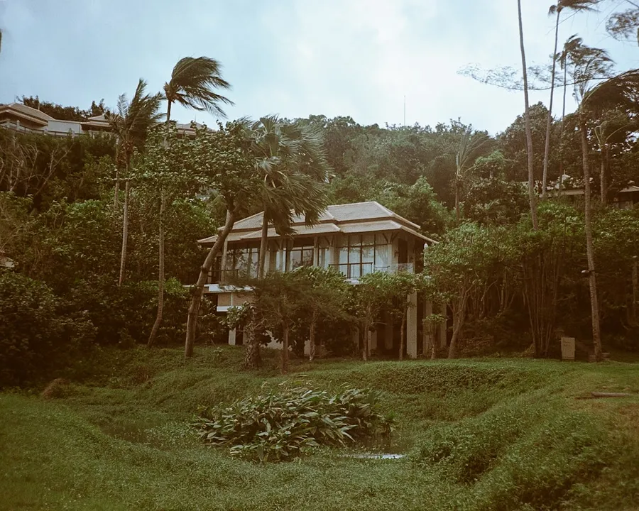 Ilustrasi mimpi rumah berteras — A house on a hill surrounded by trees