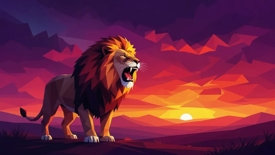Ilustrasi mimpi singa merah — A lion roars at sunset.