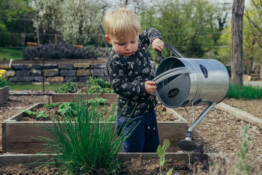 Ilustrasi mimpi siram sayur — boy in black and white long sleeve shirt standing beside gray metal watering can during daytime