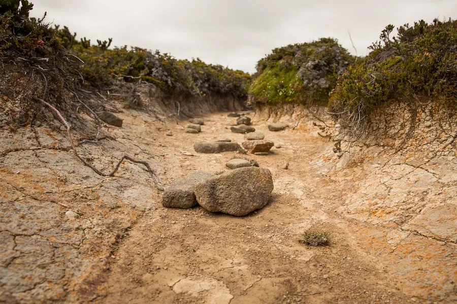 Ilustrasi mimpi sungai kering — brown rocks on brown soil