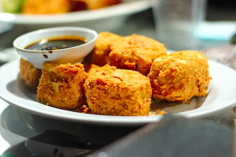 Ilustrasi mimpi tahu goreng — a white plate topped with fried food next to a bowl of dipping sauce