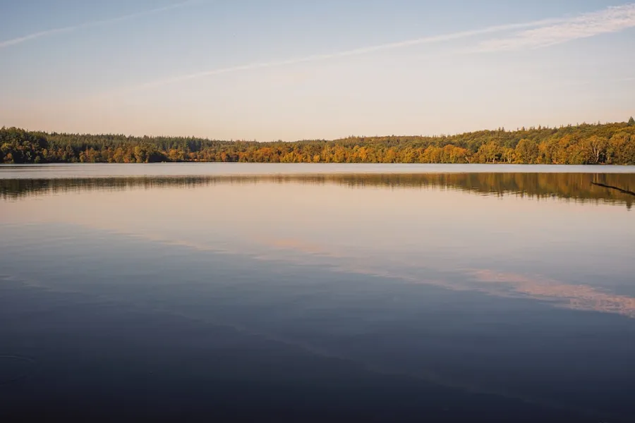 Ilustrasi mimpi telaga bening — A large body of water surrounded by trees